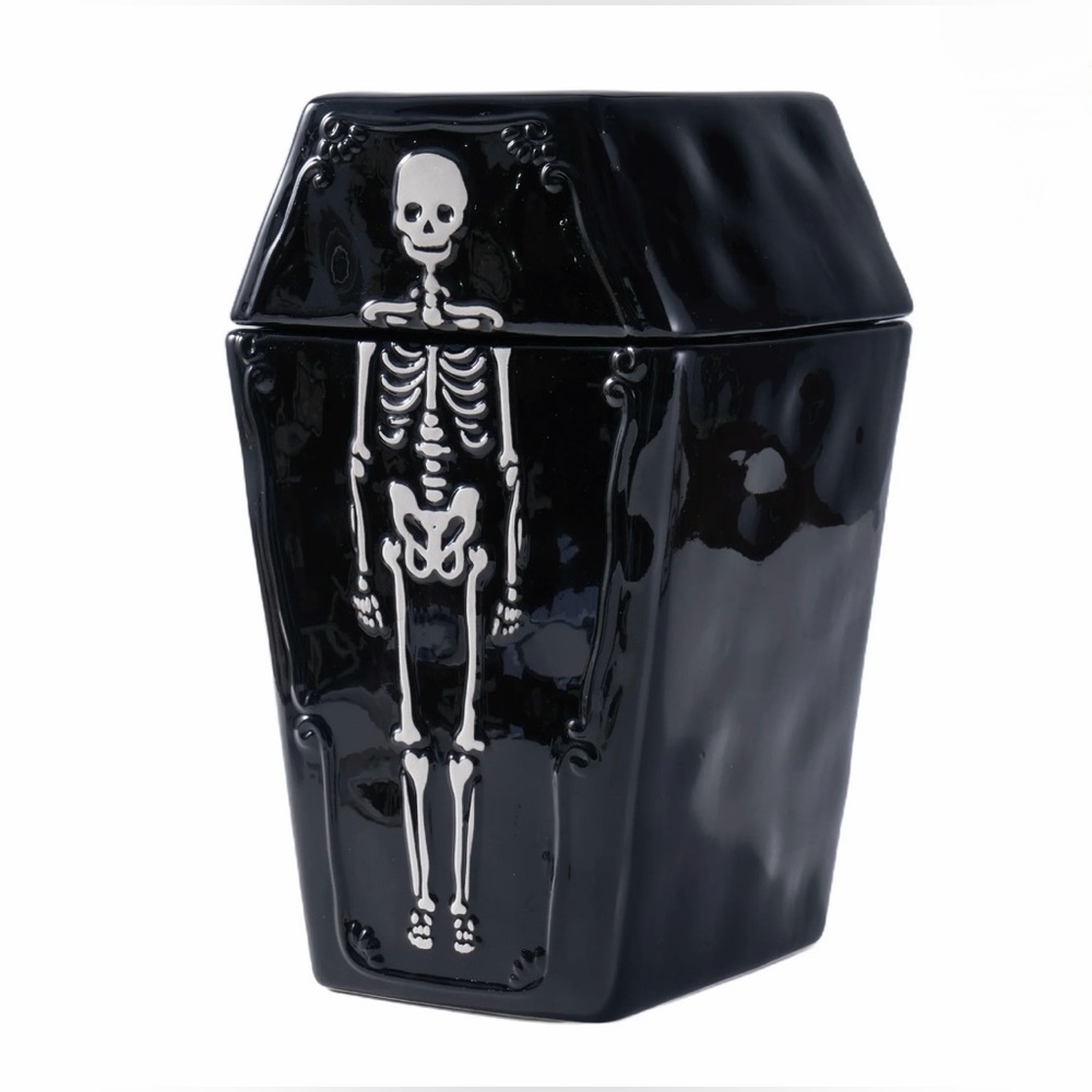 NIB - Spooky Halloween Ceramic Skeleton & Coffin Cookie Jar - Large